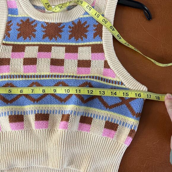 PacSun LA Hearts Sweater Vest Jr Medium Tan Blue Pink Geometric Pattern Retro - Picture 6 of 7
